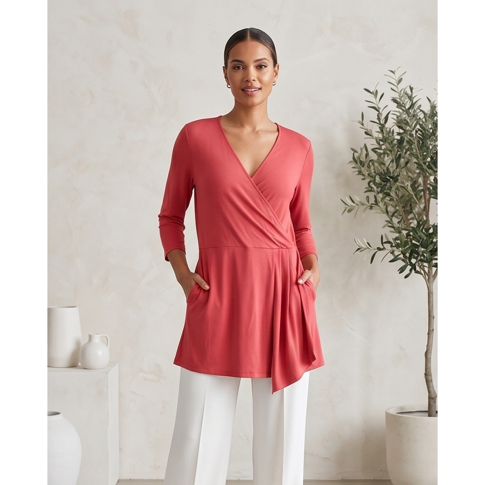 J. Jill Wearever L Collection Coral Pink Rayon Blend Wrap 3/4 Sleeve‎ Top Large